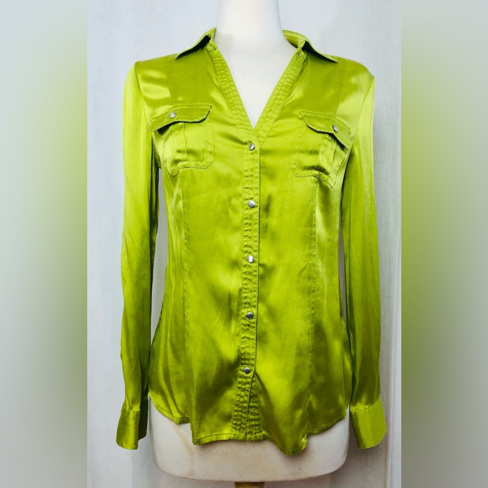 Y2K Cache Lime Neon Green Chartreuse Silk Spandex Snap Front Shirt Long Sleeve S